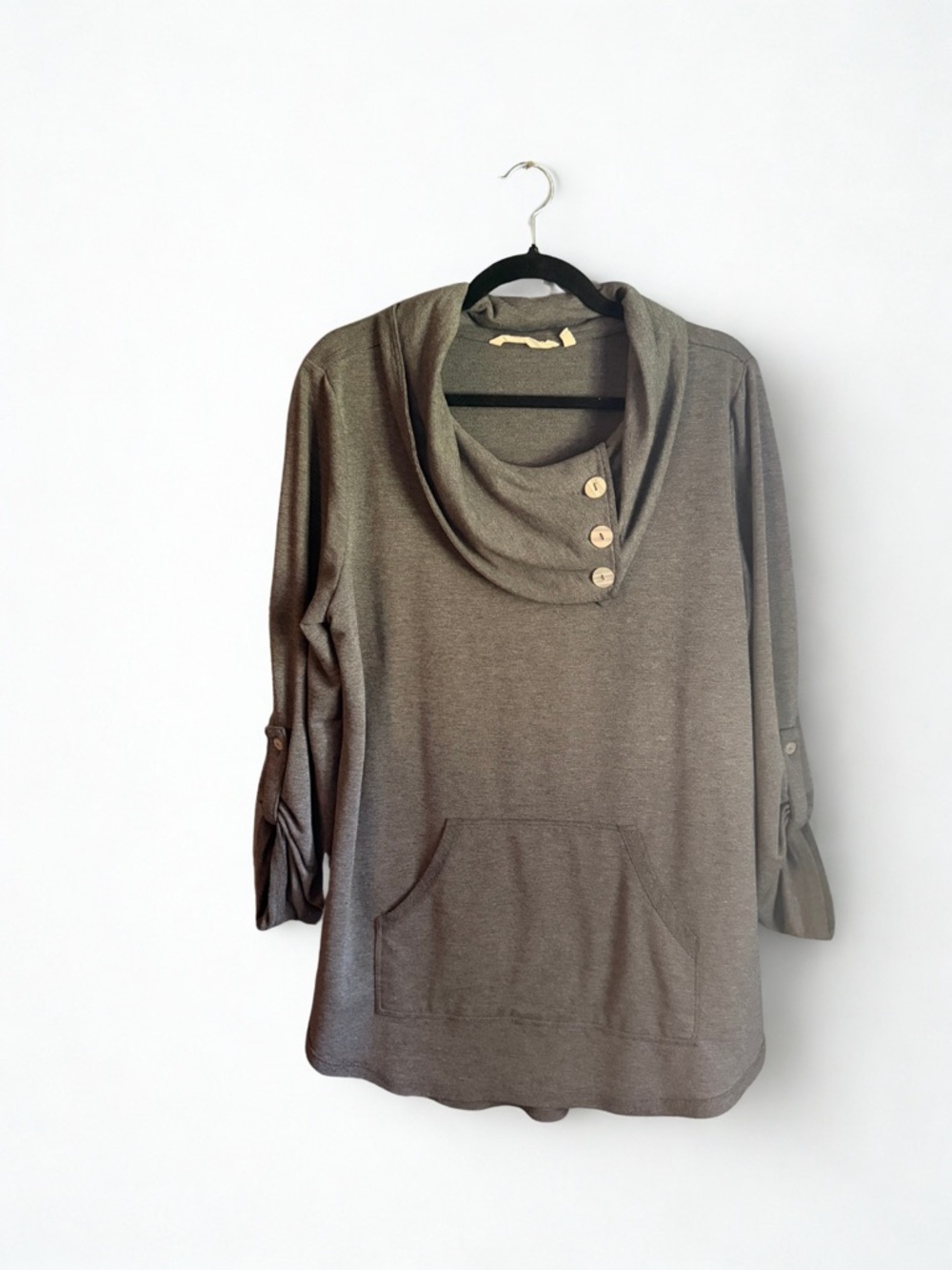 Cozy Button Cowl Neck Pullover - gray